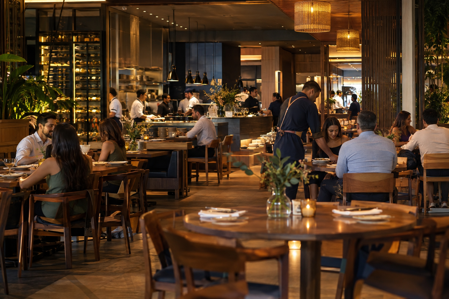 Restaurante moderno em operação, com equipe e clientes